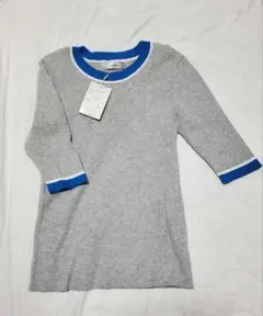 グレー×青 五分袖 薄手ニット M