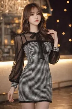 ３　値下げ交渉可能　キャバデイジーシースルーチェック柄ドレス Sサイズ