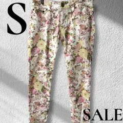「即日発送」S 花柄スキニーパンツ ホワイト/ピンク/イエロー