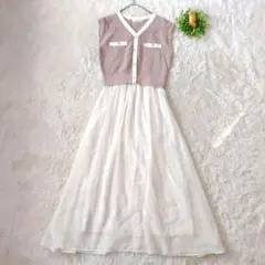 NATURAL BEAUTY BASIC ベージュ切替フレアワンピースM　異素材