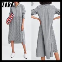 極美品✨ ZARA ザラ 切替ギンガムチェック ロングシャツワンピース ブラック