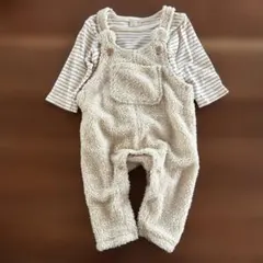 【petit main】80cmふわもこサロペット&ボーダー柄ロンパースのセット