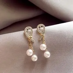 No183 揺れる パール ピアス［ゴールド］金属アレルギー対応 高品質