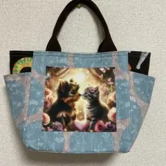 猫柄/花柄　サイドポケット付きトートバッグ　ハンドメイド