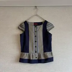 《美品》Yorkland☆コットンペプラムブラウス パフスリーブ 日本製 ブルーのサムネイル