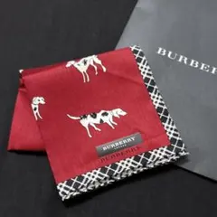 バーバリー大判ハンカチ　人気犬柄　ダルメシアン　縁ノバチェック　レッド　新品