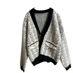 フェザーニット ツイード デート長袖カーディガン　羽織　パール