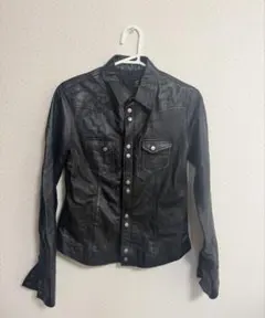 黒レザー長袖ジャケットシャツ
