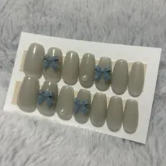 シンプル リボンネイルチップ グレー パール