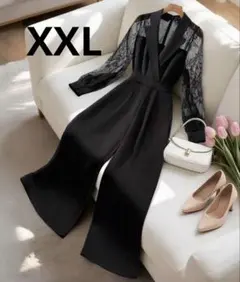 お呼ばれドレス パンツ ドレス 結婚式 ブラック 黒 レース ワイド XXL