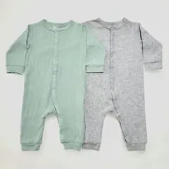 2点セット H&M ミントグリーン・グレーのリブ編みロンパース 60サイズ