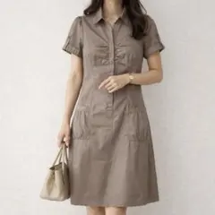 NBB グレージュ 半袖シャツワンピ L 膝丈
