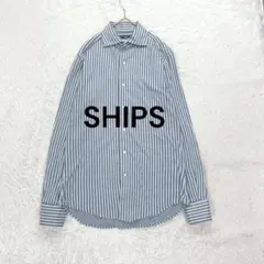シップス◇ALBINI 上質コーコランコットン長袖ストライプシャツ M ブルー♪