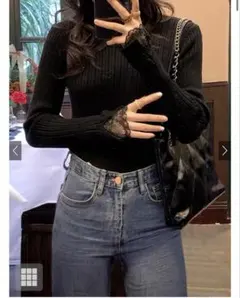 レースハイネックリブニットトップス[th008]ブラック