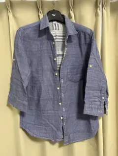 ネイビー デニムシャツ 長袖チェック裏地