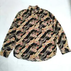 タケオキクチ　和柄総柄シャツ　ブラック×ベージュ　y2k　花柄