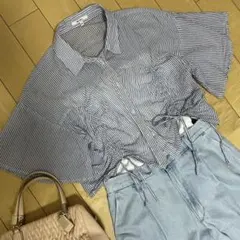 niko and… ストライプギャザーリボン付き半袖シャツ