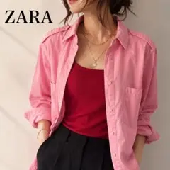 ★ZARA ★ピンクシャツ M コットン 隠しボタン 羽織りにも 春カラーのサムネイル
