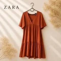 ZARA ザラ Vネック ギャザー フレアワンピース オレンジ 半袖