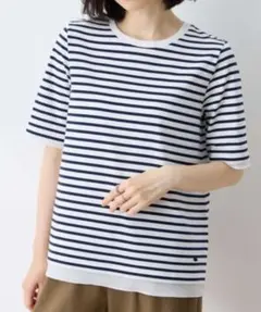 【サイズＸＬ】ストライプ柄 半袖Tシャツ ホワイト/ネイビー　接触冷感のサムネイル