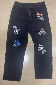 刺繍入り黒デニムパンツ y2K バギー