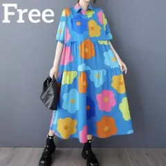 シャツワンピース　カラフル　夏　花柄　個性的　おしゃれ　ワンピース　赤　ゆったり