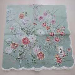 【未使用】友禅　花柄ハンカチ 水色　縁取りが可愛い