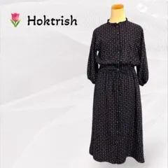1421【Hoktrish】シャツワンピース ロング 花柄 7分袖 フリル襟 黒