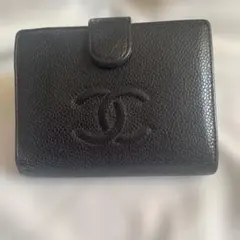 CHANEL ブラック レザー 二つ折り 財布 がま口