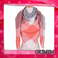 ラスト1点 大判ストール スカーフ チェック 三角形 オレンジ グレー 防寒対策