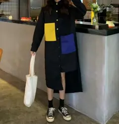 シャツワンピース 黒 カラーポケット ロング丈 個性的 韓国 オーバーサイズ