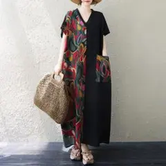 ロングワンピース レトロ 切り替 着心地いい 柔らかくて 体型をカバー ロング