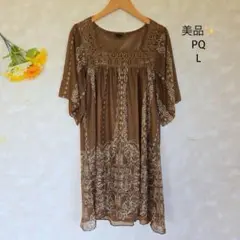 美品✨PQ チュニック L 五分袖 ブラウン 総柄 レース スクエアネック