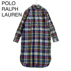 1554y美品 ポロラルフローレン ロングシャツワンピース ポニー刺繍 インド綿