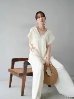 オールインワン 楊柳シャーリングサロペット オーバーオール 白 Lumier