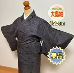 【美品】【大島紬】グレー 縞文様 上品なデザイン 袷 リメイク