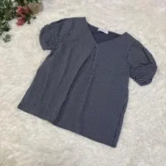 美品　グリーンレーベルリラクシング【F】ストライプ カットソー 半袖　ネイビーのサムネイル