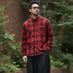 【385】GEORGEジョージフランネルオンブレチェックシャツM 赤×黒グラデ
