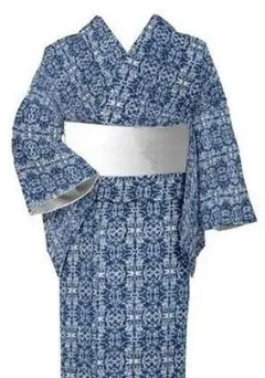 美術サロン高級浴衣 紺地白小花柄 藍捺染 知多木綿 麻混 京友禅 大人の浴衣