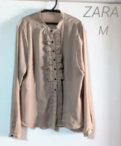 【ZARA BASIC】フリルブラウス ブラウン 長袖 上品 きれいめ 春