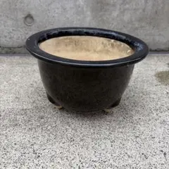 盆栽鉢 陶器製 丸鉢 黒釉 三足 園芸用のサムネイル