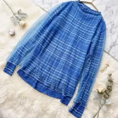 AMERI アメリ チュールレイヤードニット ブルー チェック 重ね着風 Fのサムネイル