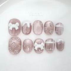 マグネット　ピンク　春　お花　リボン　チェック　ガーリー　ネイルチップ