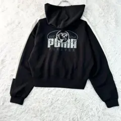 PUMA パーカー L 黒 ビッグロゴ バックプリント フーディ スウェット