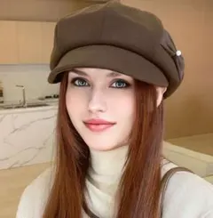 ブラウン　帽子　リボン　 キャスケット 56-58cm