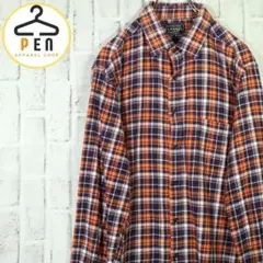 【おしゃれコーデ】フランネルチェックシャツ オレンジ×ネイビー コーデ XL