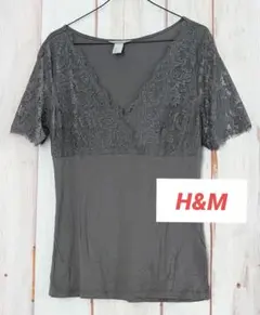 H&M L グレー 半袖 レーストップス Tシャツ トップス レースカットソー