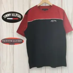 【トミーヒルフィガー 半袖ロゴTシャツ】 切り替え 2XL相当 黒 古着