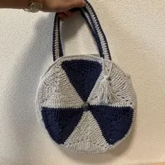 【ハンドメイド】円形かぎ編みハンドバッグ　ネイビー×グレー