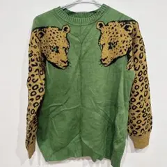 希少✨【M】ヒョウデザイン 緑色ニットセーター メンズ トップスクールネック